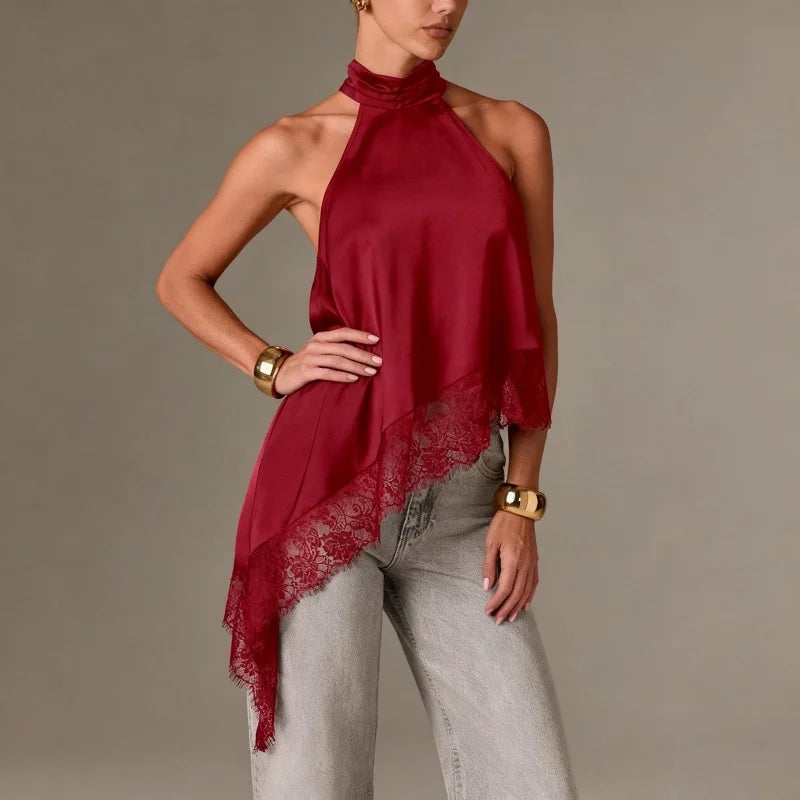 Satin Lace Asymmetrical Halter Top
