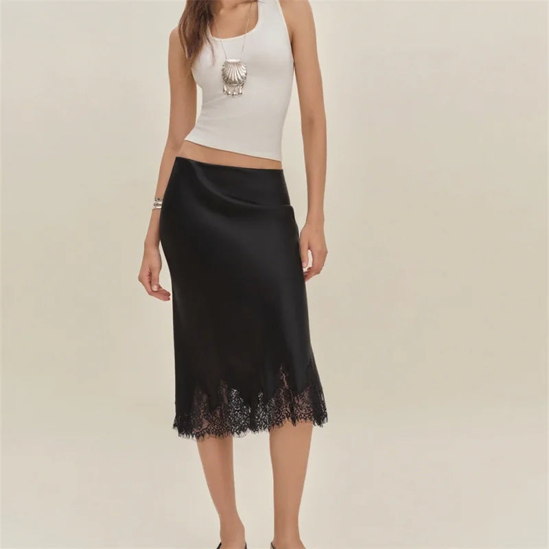 Elegant Lace Satin Midi Skirt