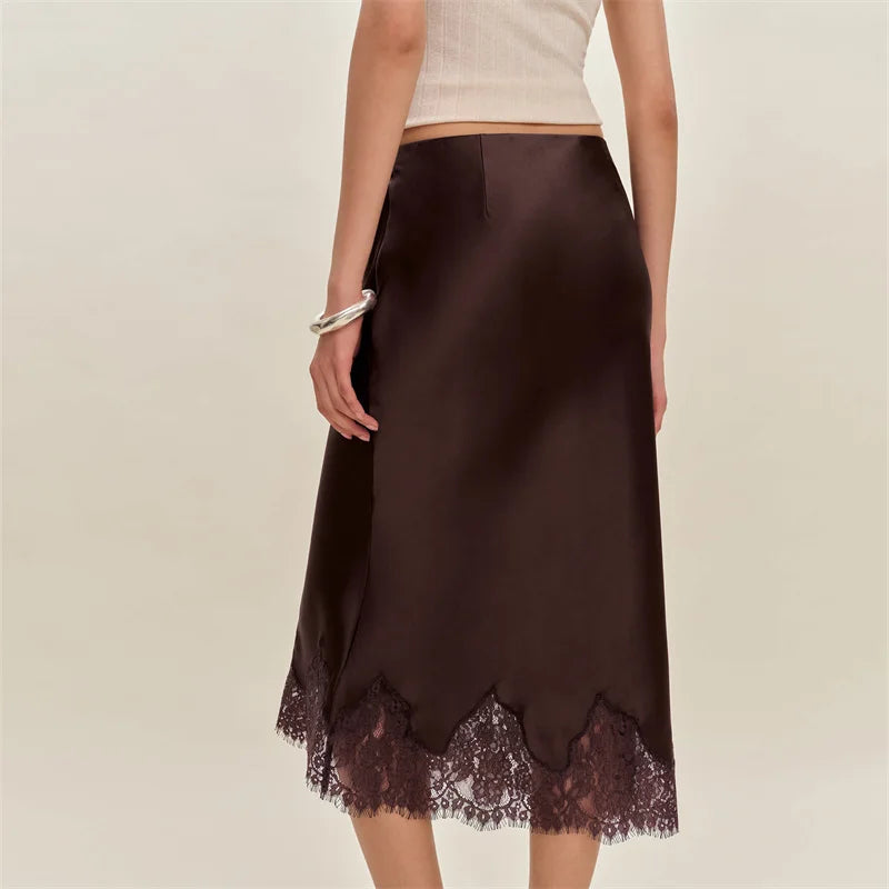 Elegant Lace Satin Midi Skirt