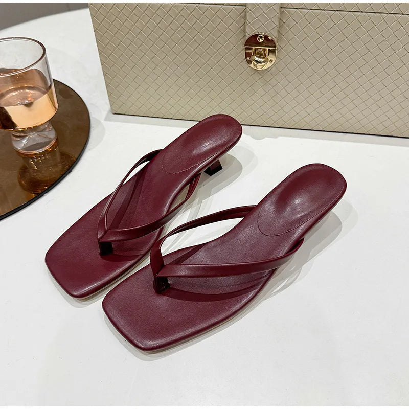 Square Toe Flip‑Flop Kitten Heel Sandals