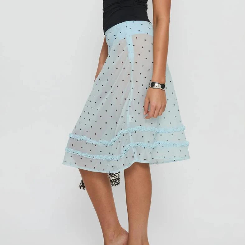 Frill‑Trim Polka Dot Sheer Midi Skirt