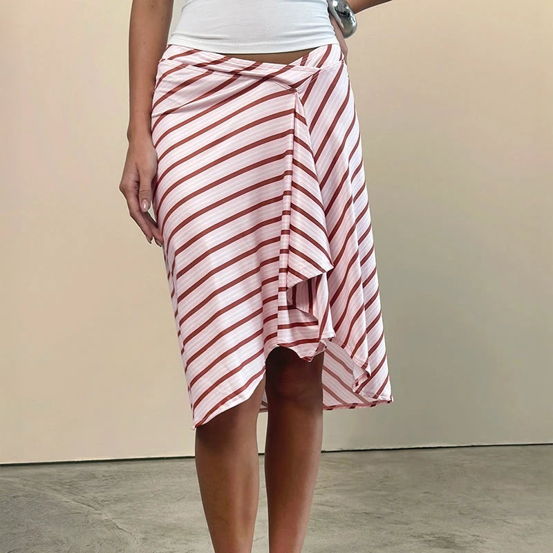 Striped Low Waist Irregular Midi Skirt