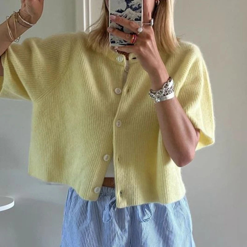 Vintage Knit Button‑Up Short‑Sleeve Cardigan