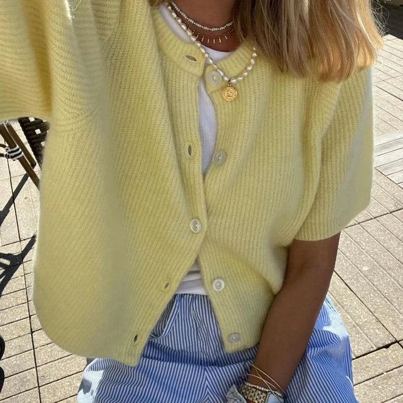 Vintage Knit Button‑Up Short‑Sleeve Cardigan