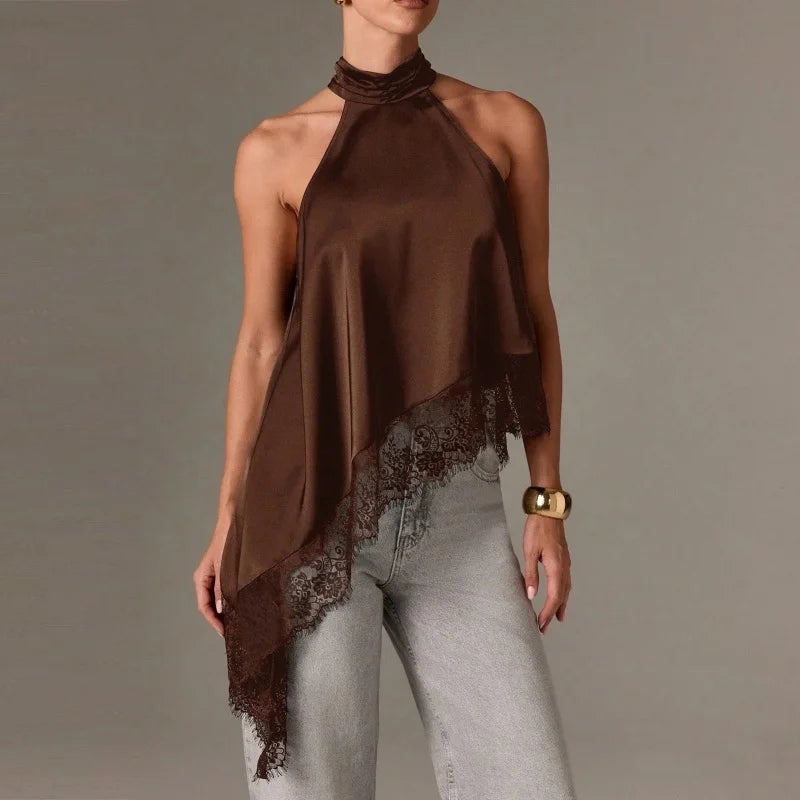 Satin Lace Asymmetrical Halter Top