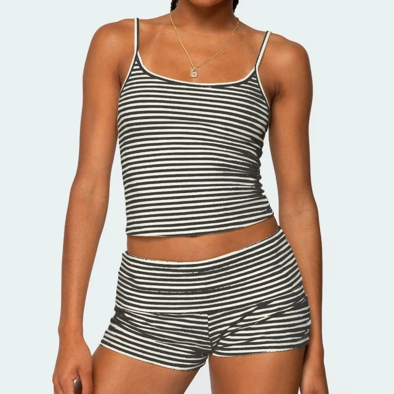 Striped Y2K Crop Cami & Fold‑Over Shorts Set