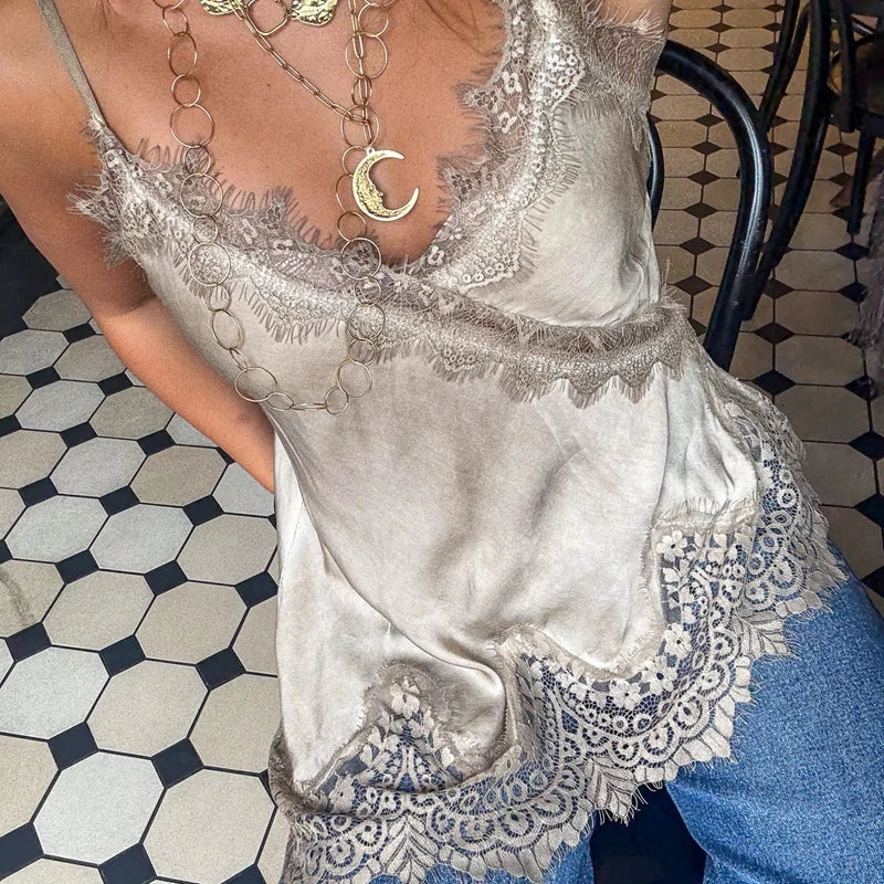 Satin Lace‑Trim Asymmetrical Cami