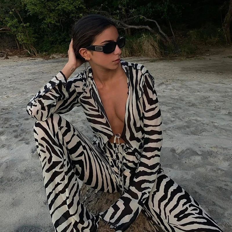 Zebra Print Linen Front-Tie Set