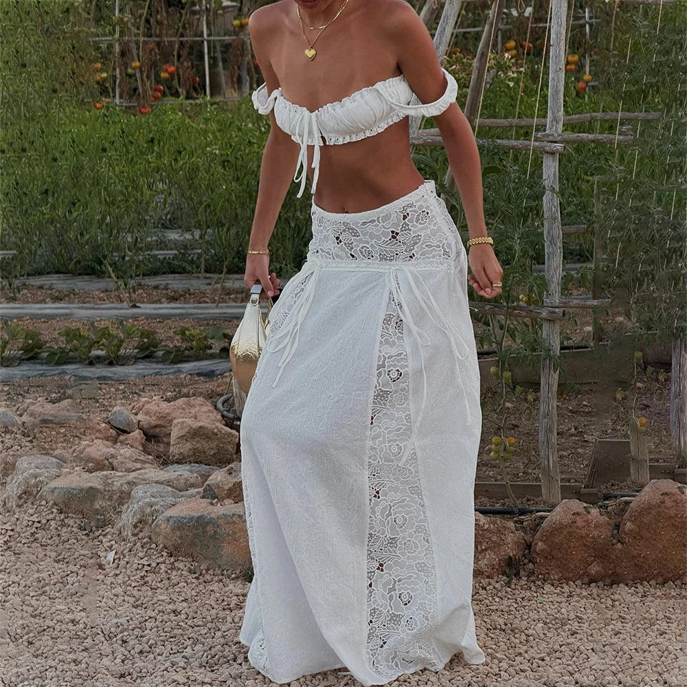 Vintage Lace Tie‑Up Maxi Set
