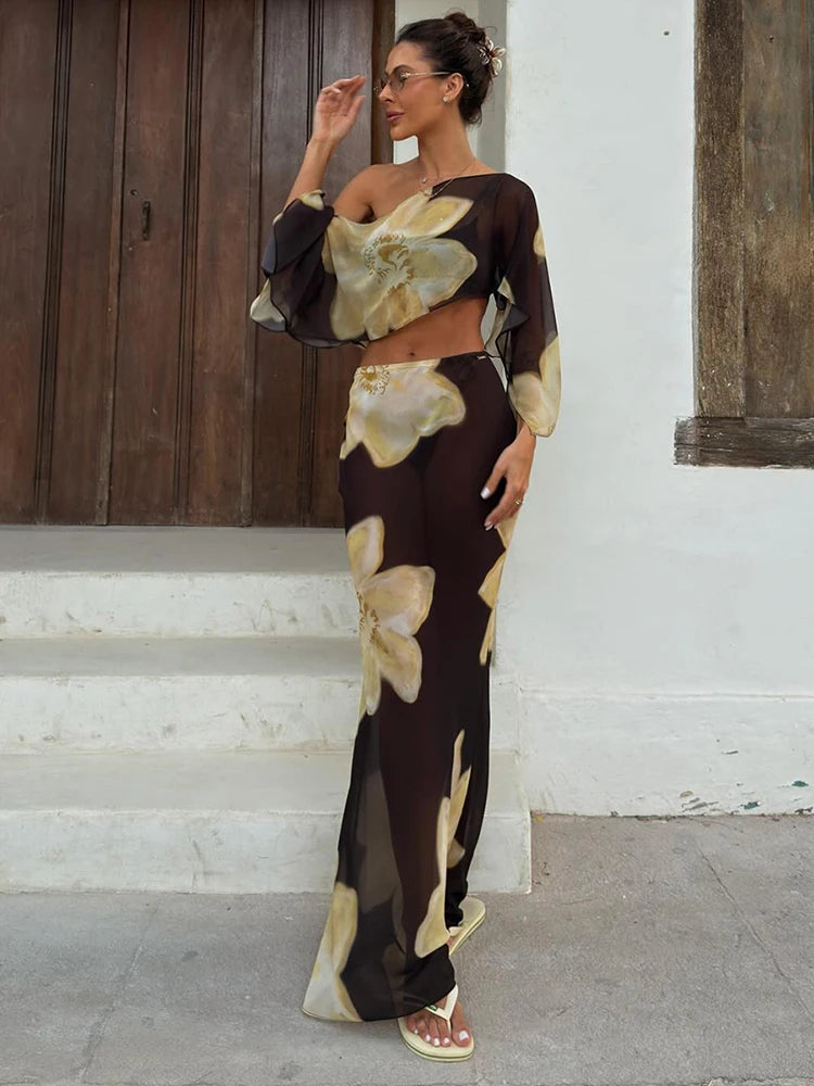 Floral Mesh Skew‑Neck Set
