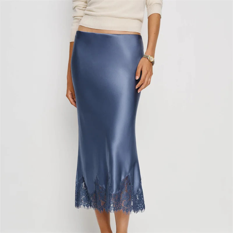 Elegant Lace Satin Midi Skirt