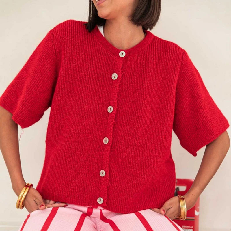 Vintage Knit Button‑Up Short‑Sleeve Cardigan