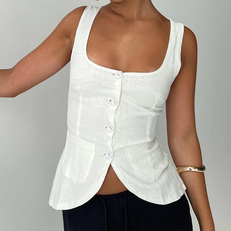 Vintage Square‑Neck Button Crop Vest