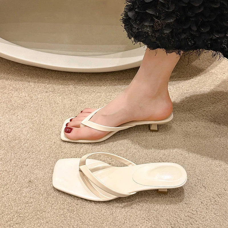 Square Toe Flip‑Flop Kitten Heel Sandals