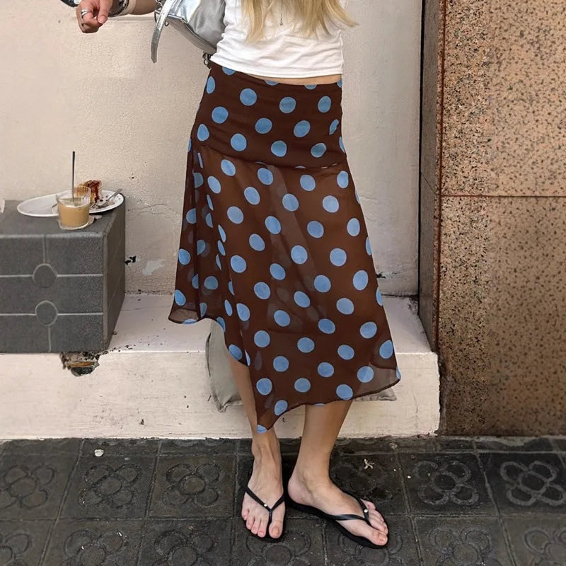Vintage Polka Dot Mesh Midi Skirt