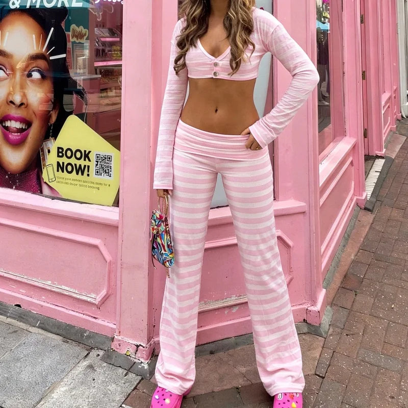 Y2K Striped Foldover Flare Pants