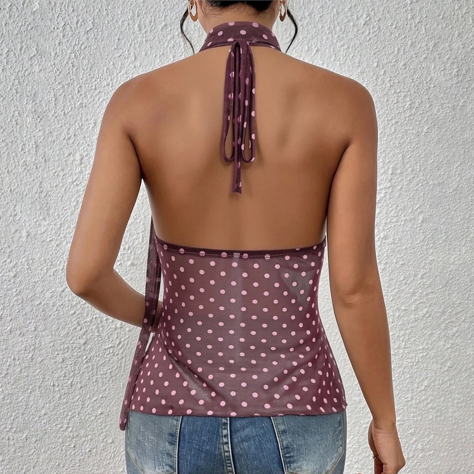Polka‑Dot Sheer Halter Cami with Scarf Detail