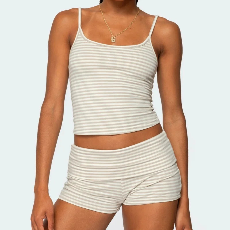 Striped Y2K Crop Cami & Fold‑Over Shorts Set