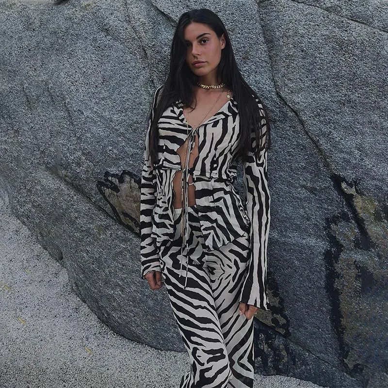 Zebra Print Linen Front-Tie Set