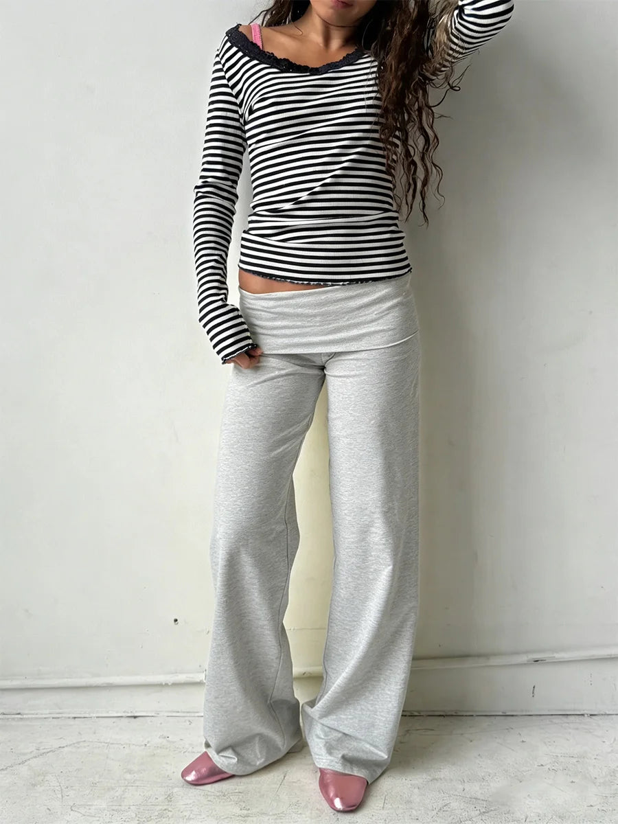 Foldover Low‑Rise Y2K Wide‑Leg Pants