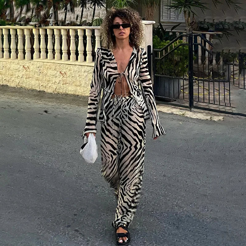 Zebra Print Linen Front-Tie Set
